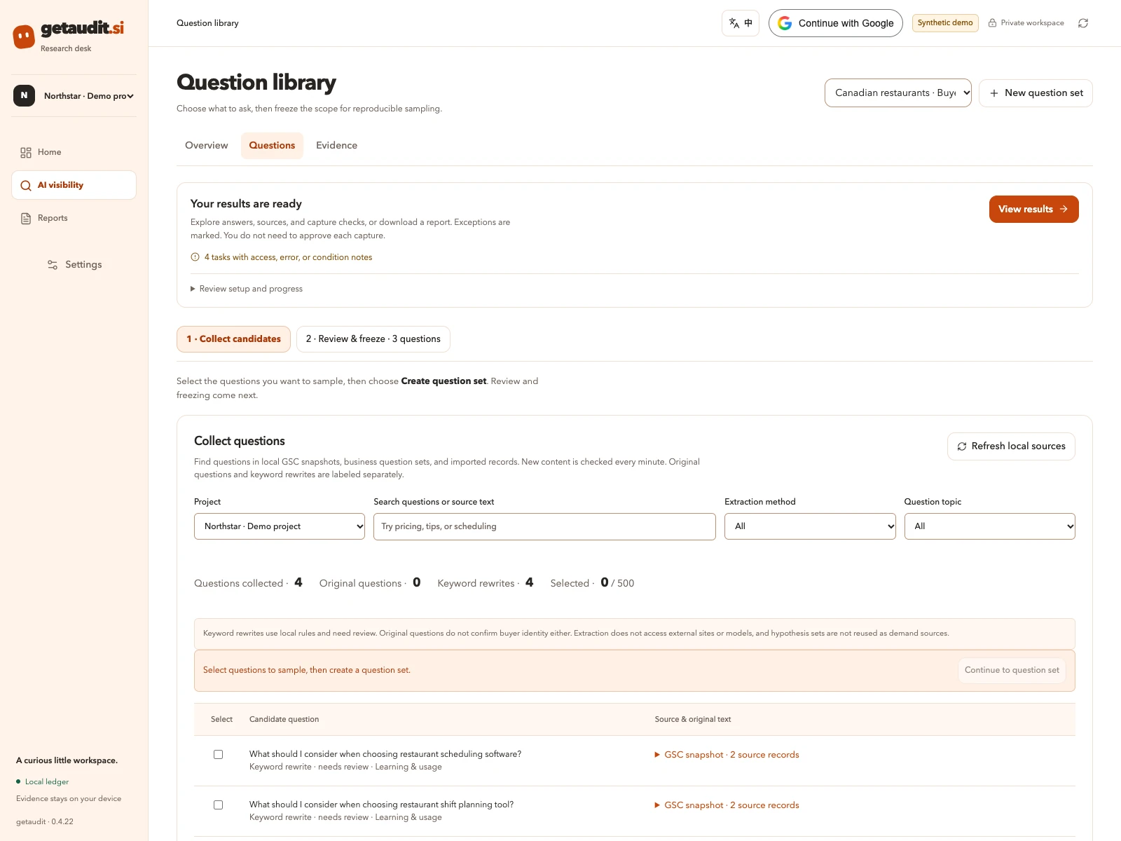 The getaudit question library showing fictional research questions and collection controls.